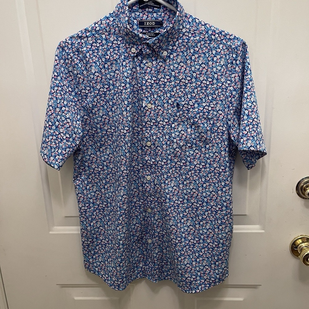 Izod Stretch Short Sleeve Blue Floral Button Up Shirt Youth XL Golf Colorful